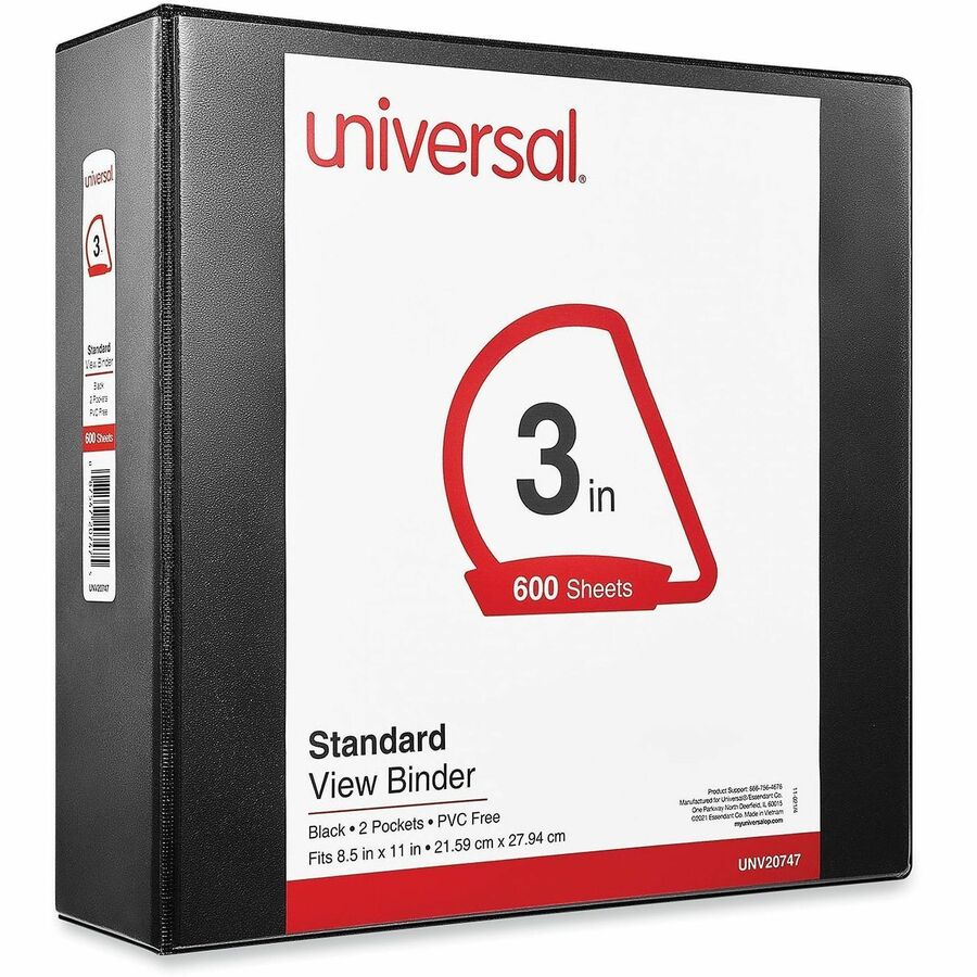 Universal Slant D-Ring View Binder, 3 Rings, 3" Capacity, 11 x 8.5, Black - 3" Binder Capacity - 600 Sheet Capacity - 3 Ring(s) - Fastener(s): Ring - Pocket(s): 2, Inside Front & Back - Polypropylene - Black - Non-stick - 1 Each