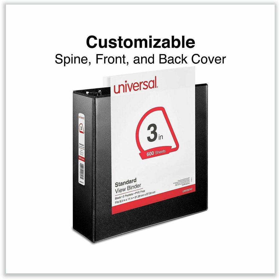 Universal Slant D-Ring View Binder, 3 Rings, 3" Capacity, 11 x 8.5, Black - 3" Binder Capacity - 600 Sheet Capacity - 3 Ring(s) - Fastener(s): Ring - Pocket(s): 2, Inside Front & Back - Polypropylene - Black - Non-stick - 1 Each