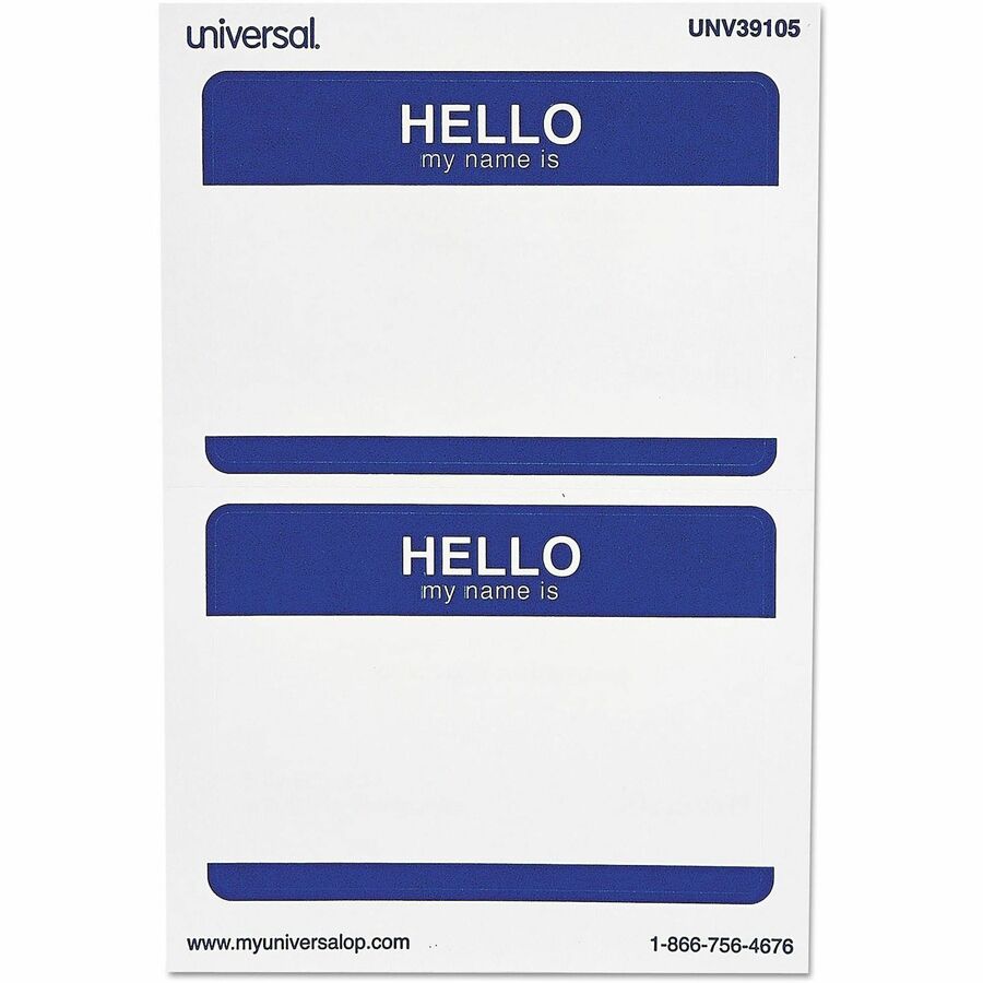 Universal Name Badge - Print/Message "HELLO my name is" - 3.5" Width x 2.3" Depth - Rectangular Shape - Self-adhesive, Removable - Meeting, Seminar, Conference - Paper - Blue, White - 100 / Pack