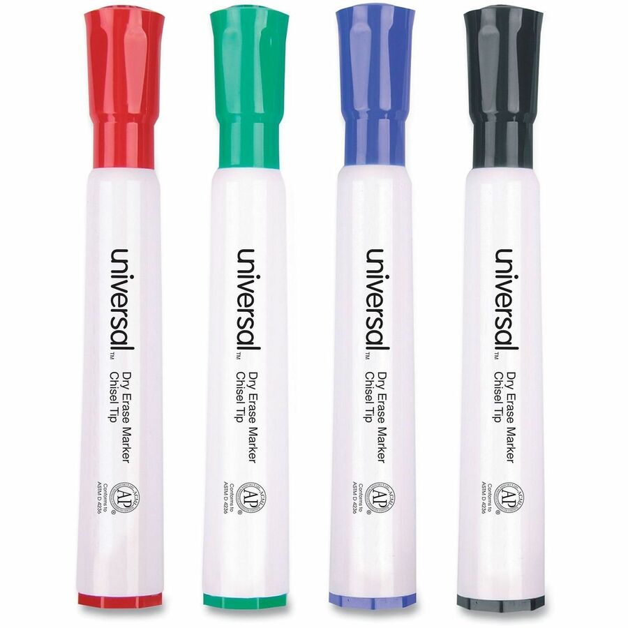 Universal Dry Erase Marker - Broad Chisel Marker Point - Erasable - Black, Blue, Green, Red Ink - Dry - Glass, Classroom, Home, Office - 4 / Set