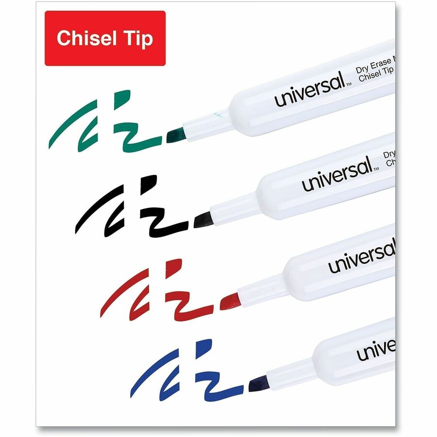 Universal Dry Erase Marker - Broad Chisel Marker Point - Erasable - Black, Blue, Green, Red Ink - Dry - Glass, Classroom, Home, Office - 4 / Set