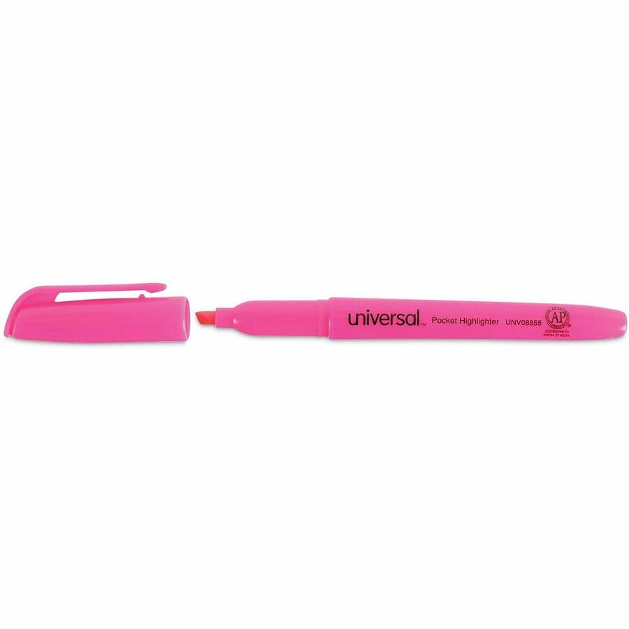 Universal Highlighter - Chisel, Broad, Narrow Marker Point - Fluorescent Pink Ink - Pink Barrel - 1 Dozen