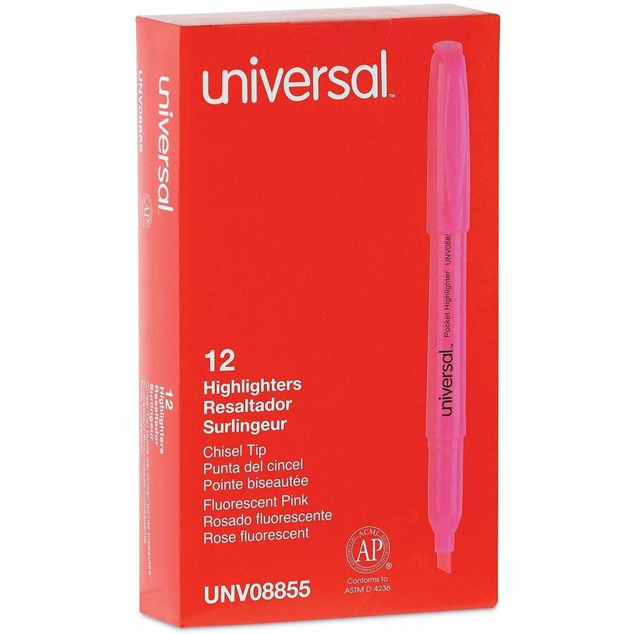 Universal Highlighter - Chisel, Broad, Narrow Marker Point - Fluorescent Pink Ink - Pink Barrel - 1 Dozen