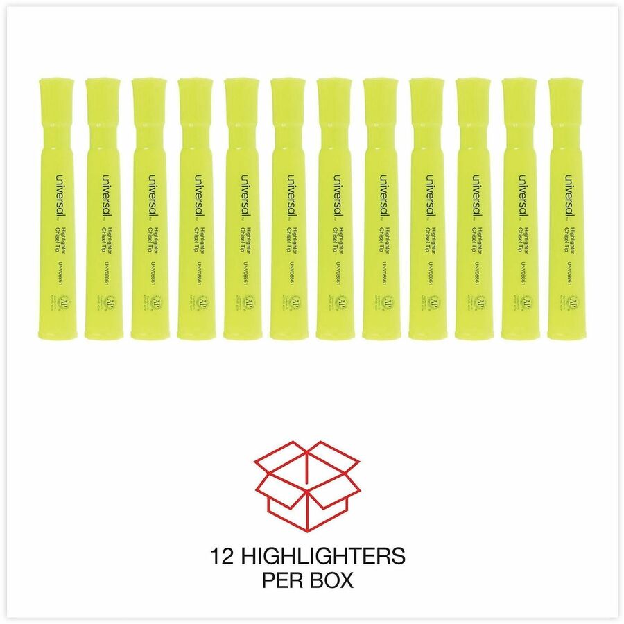 Universal Highlighter - Chisel, Broad, Narrow Marker Point - Fluorescent Yellow Ink - Yellow Barrel - 1 Dozen