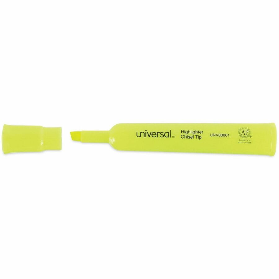 Universal Highlighter - Chisel, Broad, Narrow Marker Point - Fluorescent Yellow Ink - Yellow Barrel - 1 Dozen