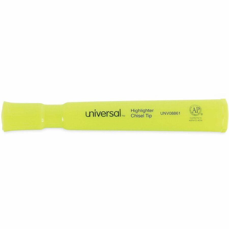 Universal Highlighter - Chisel, Broad, Narrow Marker Point - Fluorescent Yellow Ink - Yellow Barrel - 1 Dozen