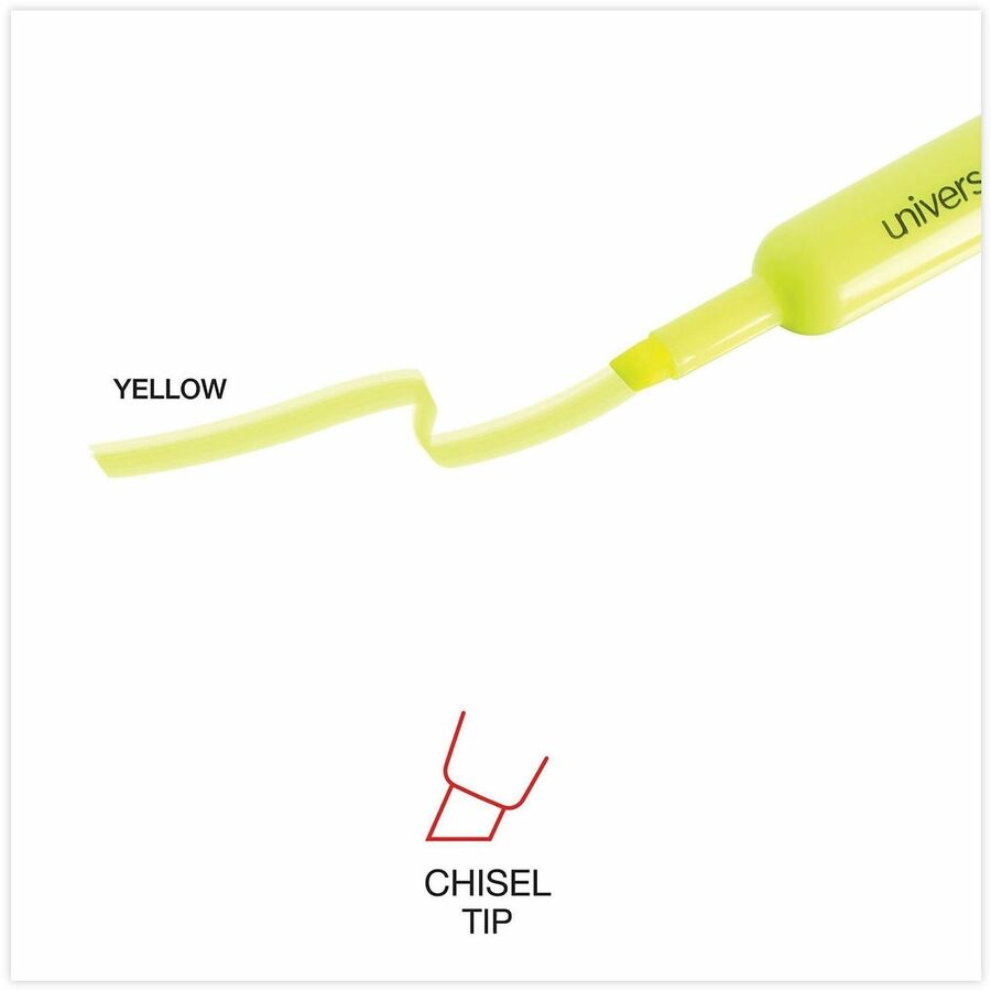 Universal Highlighter - Chisel, Broad, Narrow Marker Point - Fluorescent Yellow Ink - Yellow Barrel - 1 Dozen