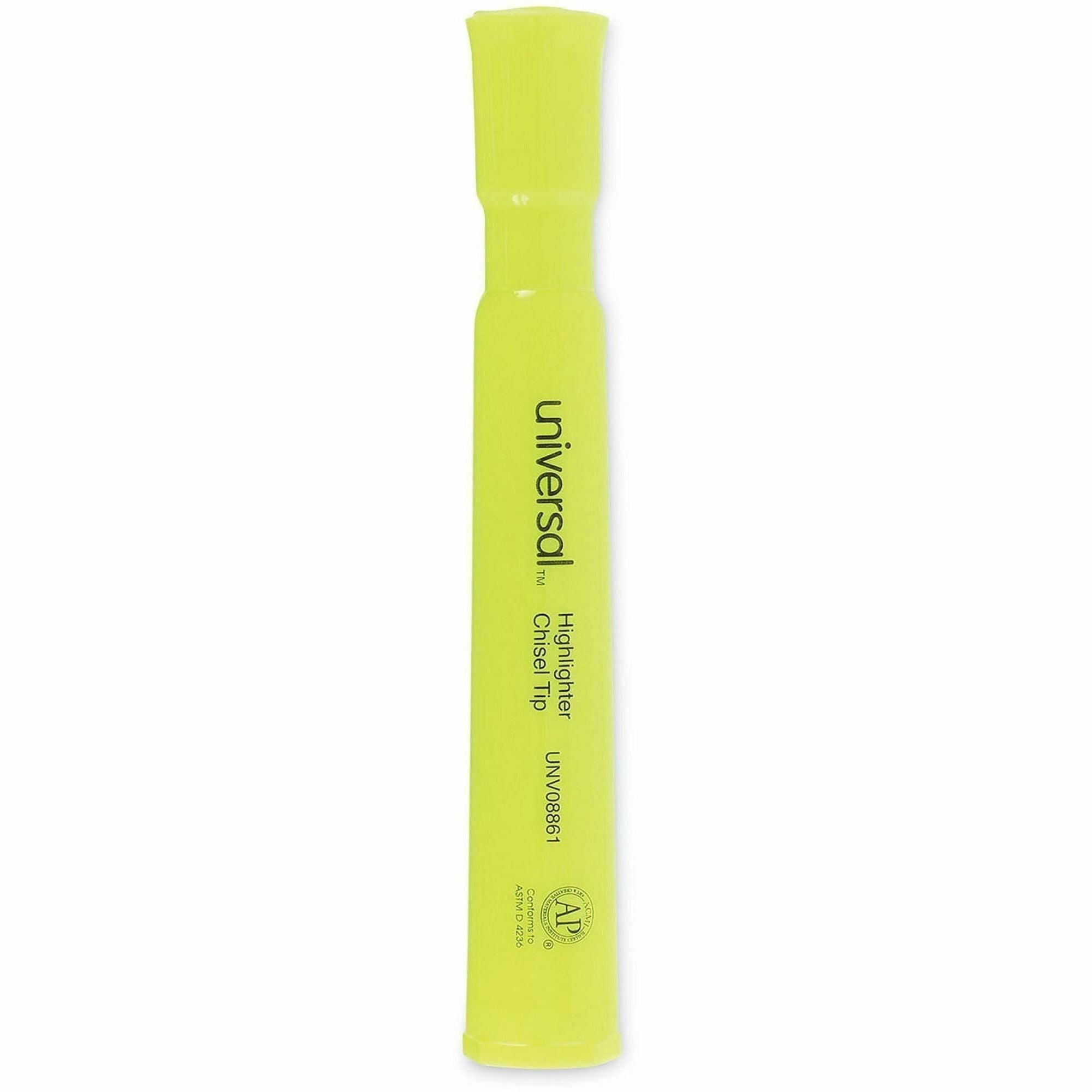 Universal Highlighter - Chisel, Broad, Narrow Marker Point - Fluorescent Yellow Ink - Yellow Barrel - 1 Dozen