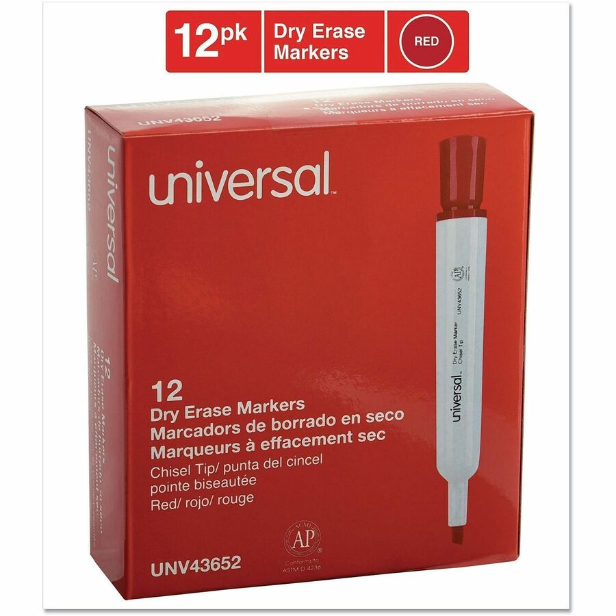 Universal Dry Erase Marker - Broad Chisel Marker Point - Erasable - Red Ink - Dry - Glass, General Purpose, Classroom, Home, Office - 1 Dozen