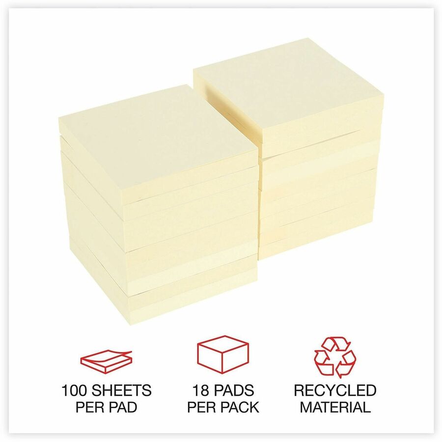 Universal Note Pad - 3" Flag/Note Width x 3" Flag/Note Length - Square - 100 Sheets per Pad - Unruled - Yellow - Paper - Self-stick, Repositionable, Adhesive Backing - Recycled - 18 / Pack
