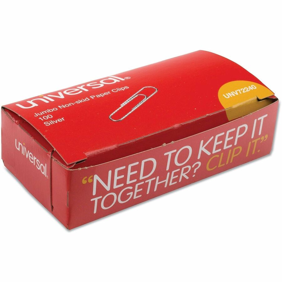 Universal Paper Clip - Jumbo - 1.9" Length x 0.5" Width - for Document, Office, School, Home, Sheet, Paper - Non-skid, Durable - Silver - Steel Wire - 100 Clips/Box - 1000 / Pack