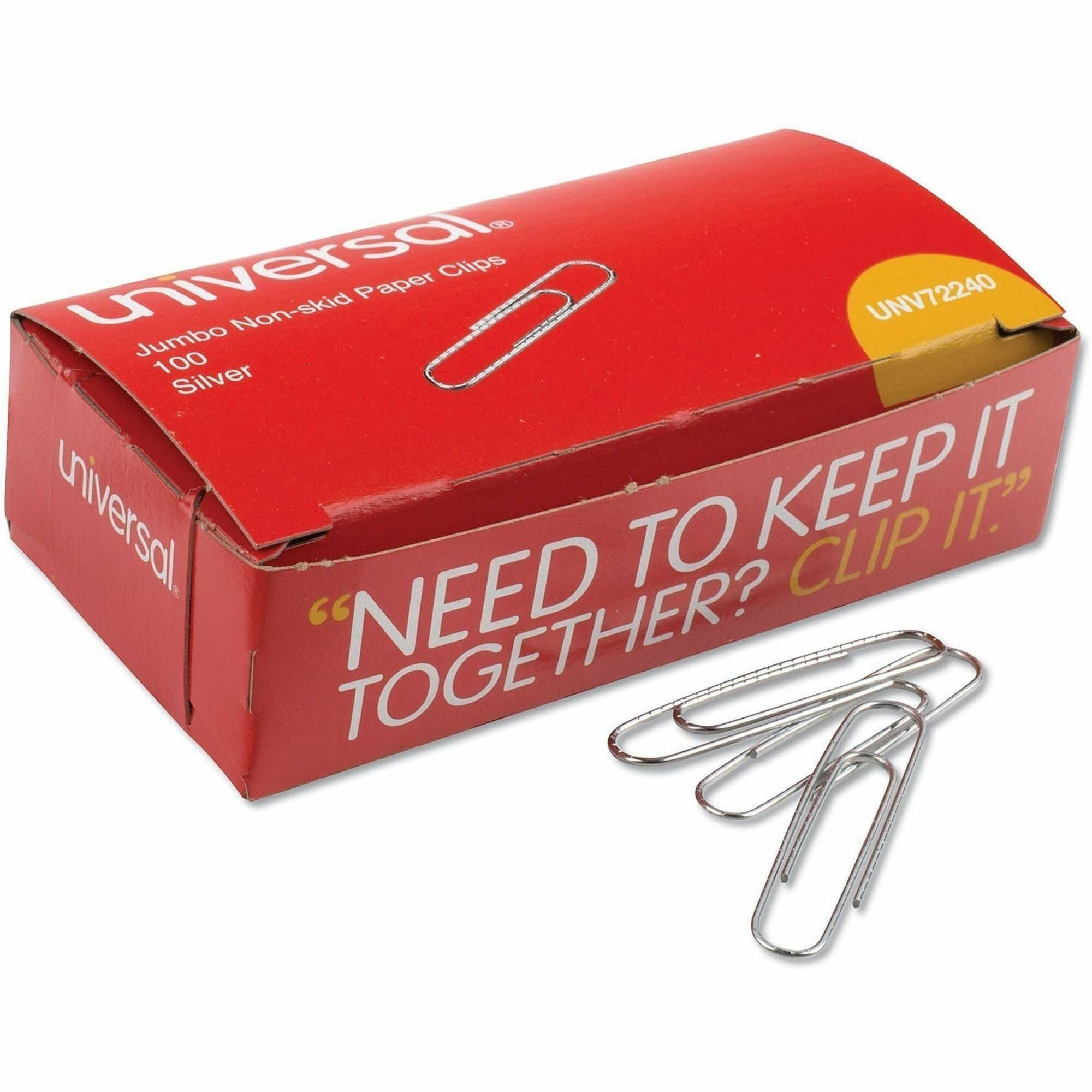 Universal Paper Clip - Jumbo - 1.9" Length x 0.5" Width - for Document, Office, School, Home, Sheet, Paper - Non-skid, Durable - Silver - Steel Wire - 100 Clips/Box - 1000 / Pack