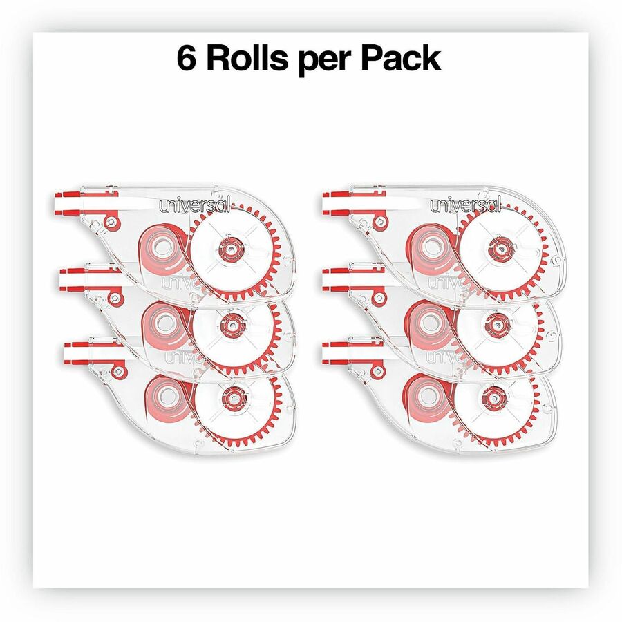 Universal Correction Tape - 0.20" Tape Width x 32.75 ft Tape Length - 1 Line(s) - White Tape - Red, Clear Dispenser - Non-refillable, Ergonomic, Tear Resistant, Flexible - Transparent - Film, Plastic - 6 / Pack