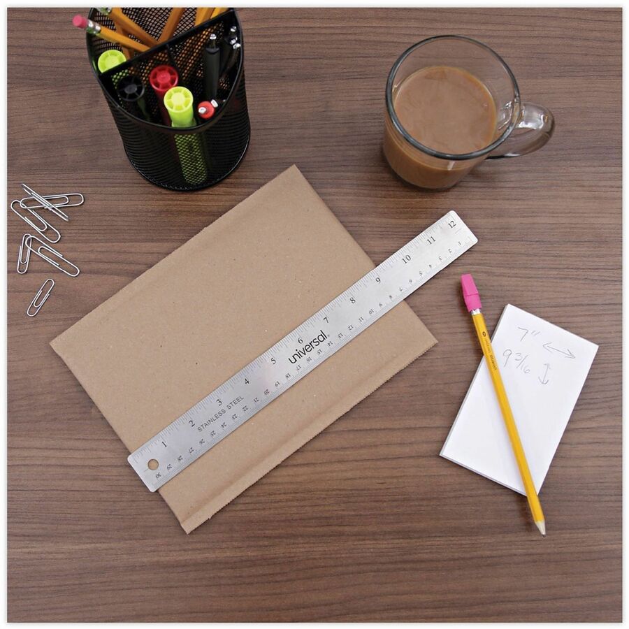 Universal Ruler - 12" Length - 1/16 Graduations - Standard, Metric Measuring System - Stainless Steel, Cork - 1 Each
