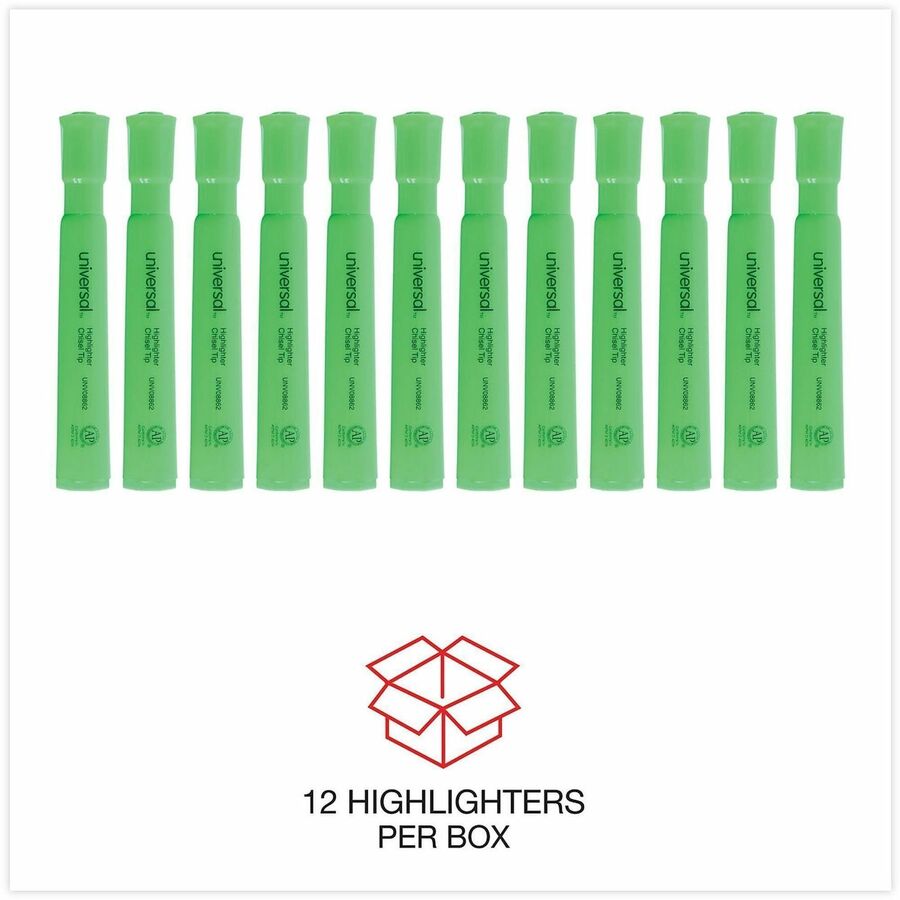 Universal Highlighter - Chisel Pen Point - Fluorescent Green Ink - Green Barrel - 1 Dozen