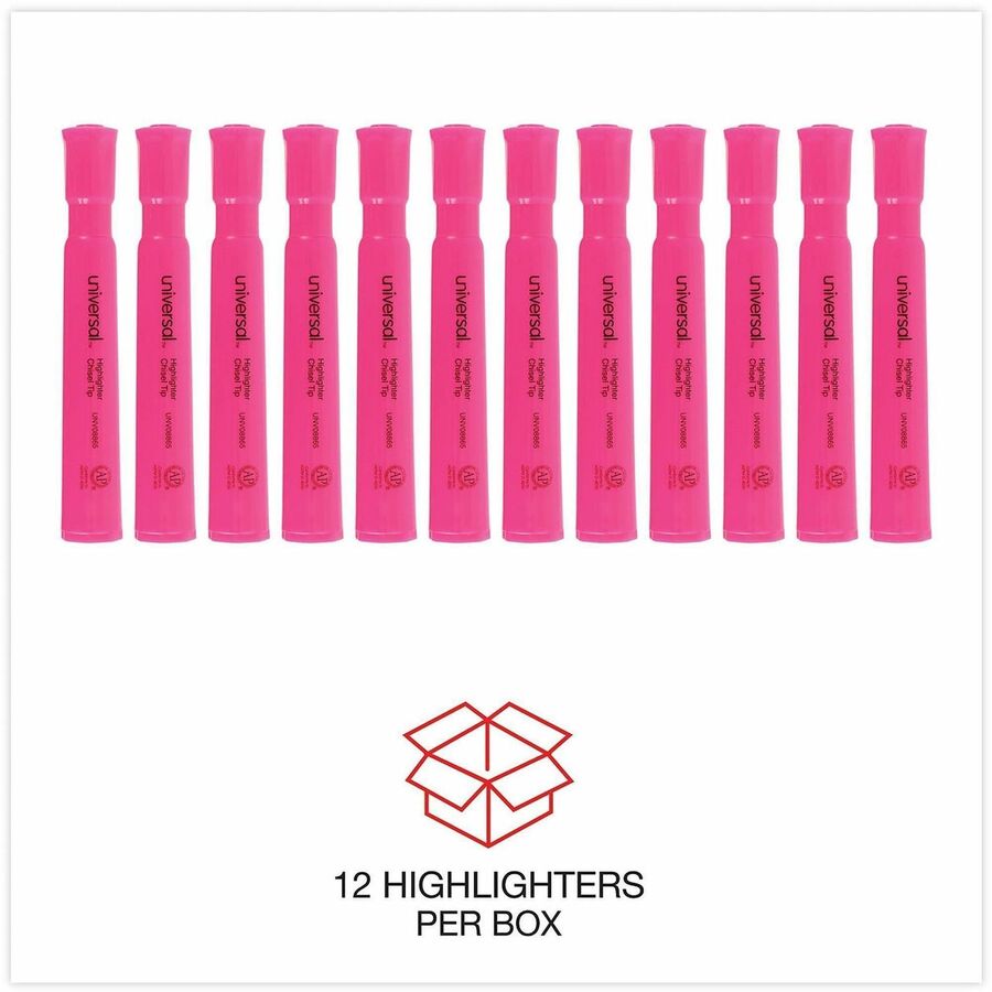 Universal Highlighter - Chisel, Broad, Narrow Marker Point - Fluorescent Pink Ink - Pink Barrel - 1 Dozen