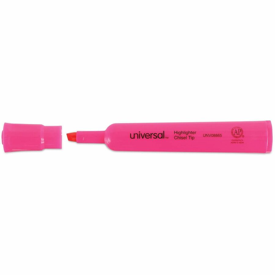 Universal Highlighter - Chisel, Broad, Narrow Marker Point - Fluorescent Pink Ink - Pink Barrel - 1 Dozen