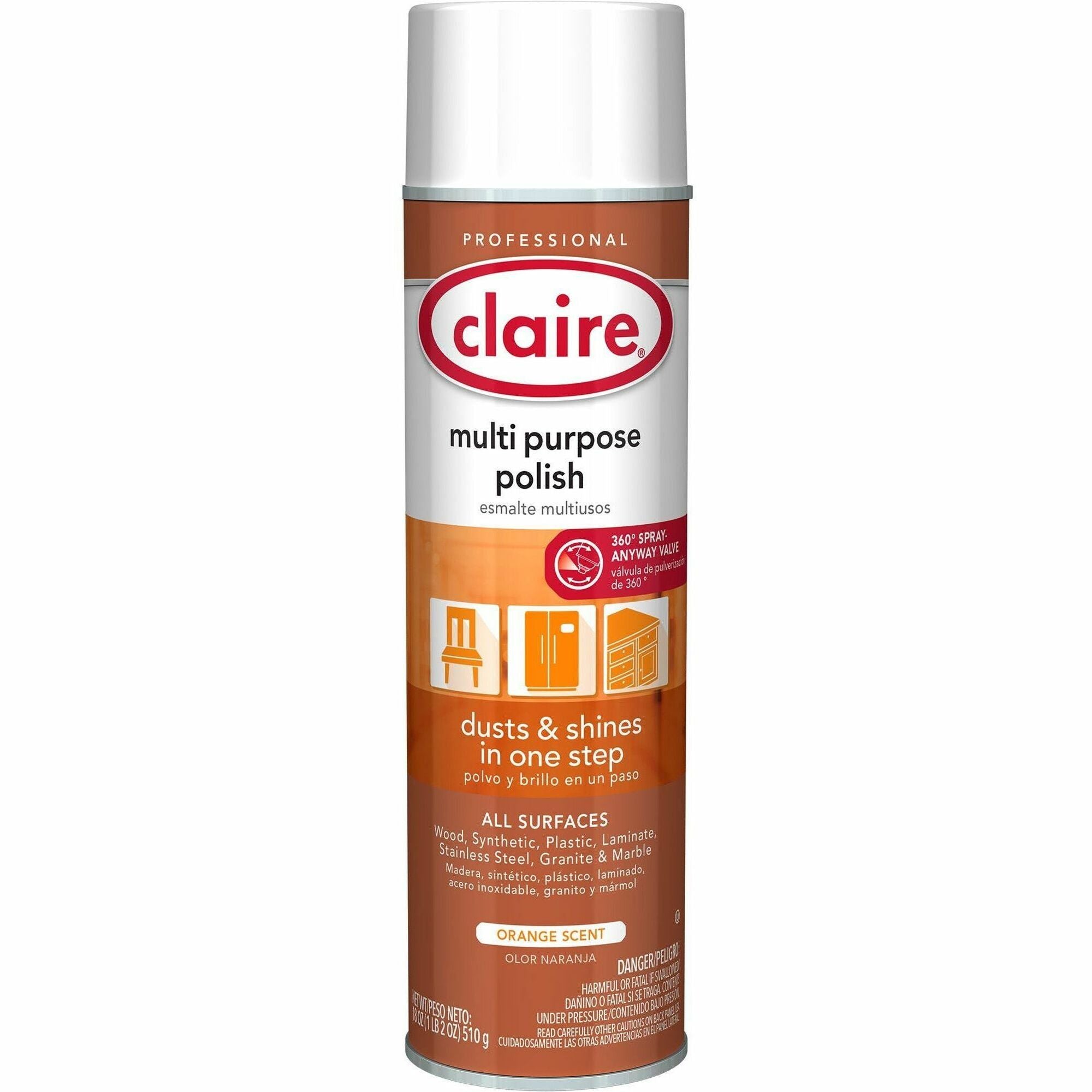 Claire Citra Gloss All Surface Duster/Polish - 18 fl oz (0.6 quart) - No-wax - Tennessee Orange - 1 Each