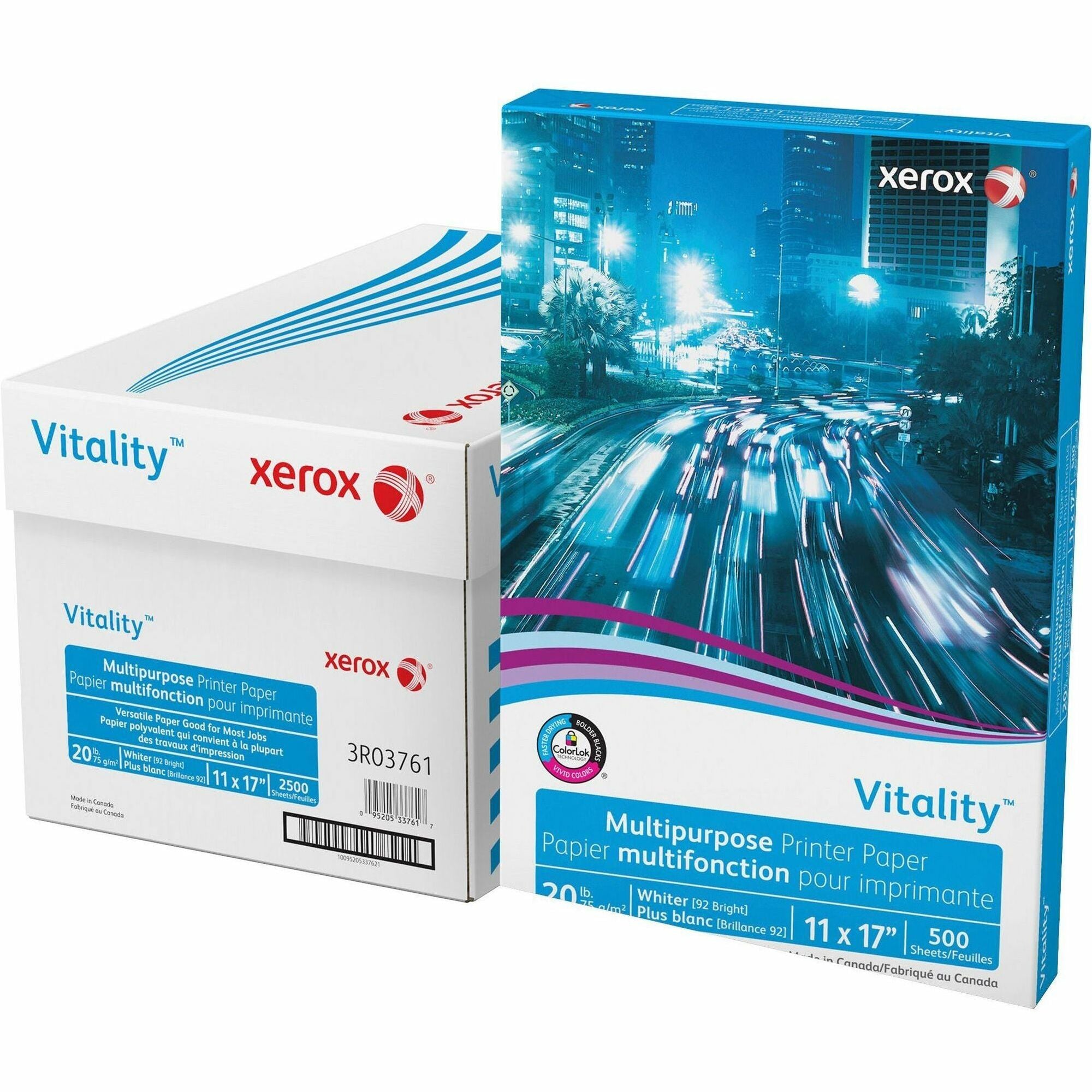Xerox Vitality Multipurpose Printer Paper - 92 Brightness - 11" x 17" - 20 lb Basis Weight - 75 g/m² Grammage - ColorLok Technology, Jam-free, Plain - White - 500 Sheets per Ream - 5 / Carton
