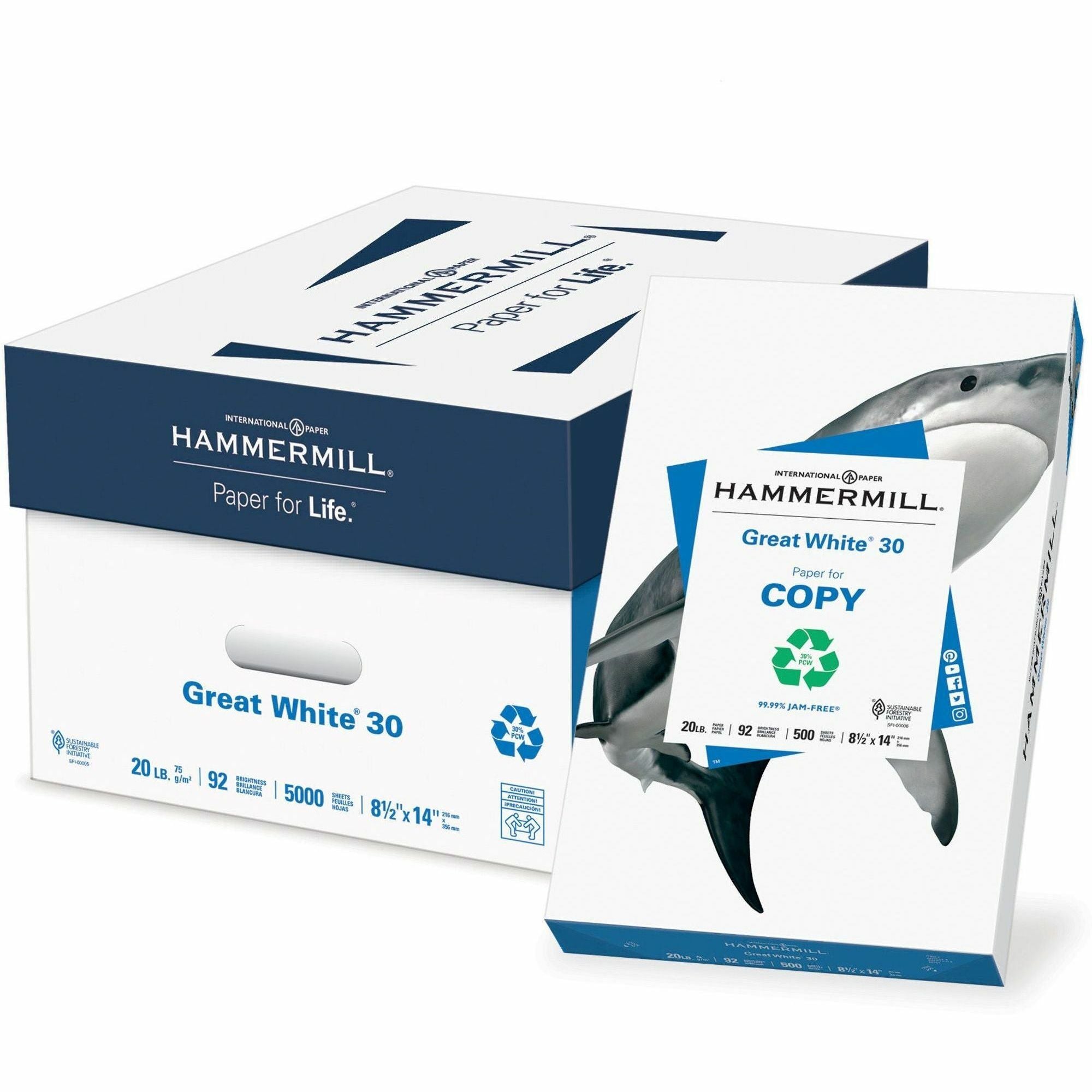 Hammermill Great White 30 Copy Paper - 92 Brightness - 88% Opacity - 8 1/2" x 14" - 20 lb Basis Weight - 75 g/m² Grammage - Acid-free, Jam-free - White - 500 Sheets per Ream - 10 / Carton