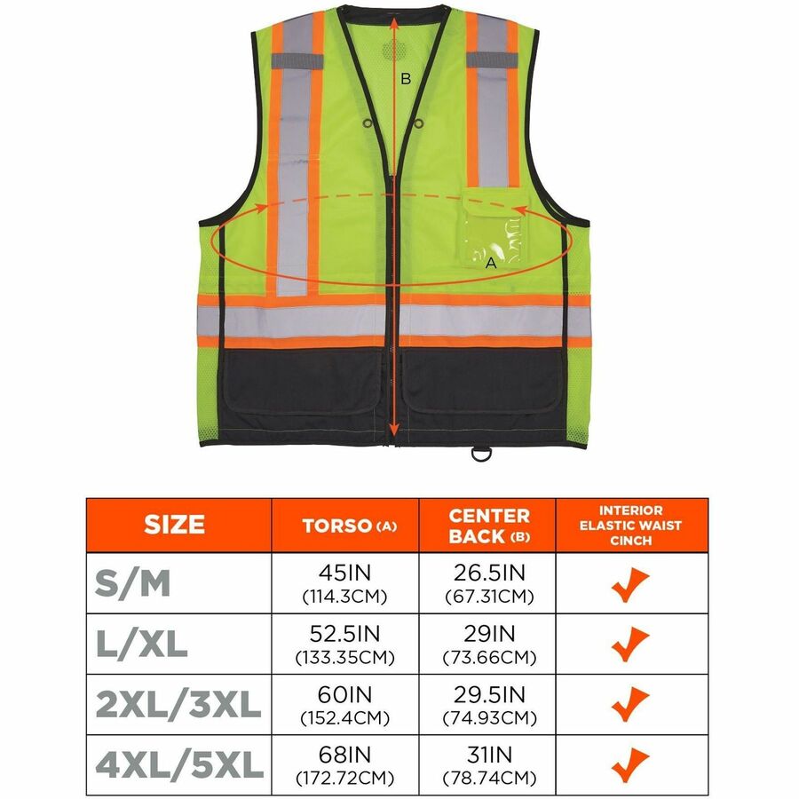 Ergodyne 8251HDZ-BK 2-Tone Hi-Vis Safety Vests - Large/Extra Large - Zipper Closure - Polyester Mesh, Polyester - Lime - Two-tone, High Visibility, Reflective Strap, Mesh Back, Breathable, Lightweight, Waist Cord, Drawstring Waist, Interior Pocket, Ext...