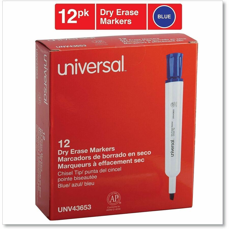 Universal Dry Erase Marker - Broad Chisel Marker Point - Erasable - Blue Ink - Dry - Glass, Classroom, Home, Office - 1 Dozen