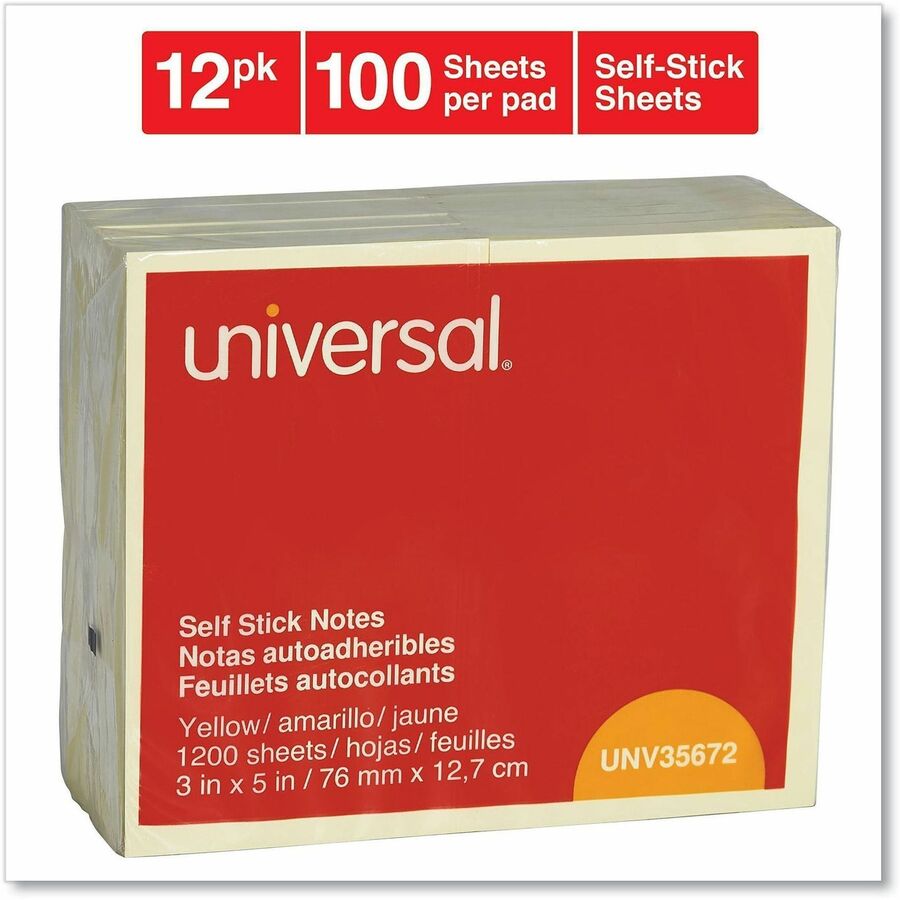 Universal Standard Self-Stick Pads - 1200 x Yellow - 3" Flag/Note Width x 5" Flag/Note Length - Rectangle - 100 Sheets per Pad - Unruled - Yellow - Self-stick, Residue-free - 12 Pads/Pack - 1 Pack