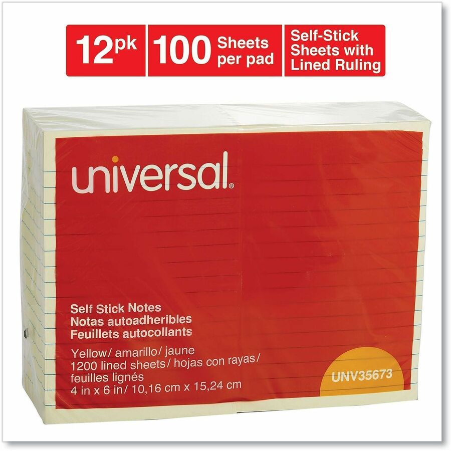 Universal Standard Self-Stick Pads - 1200 x Yellow - 4" Flag/Note Width x 6" Flag/Note Length - Rectangle - 100 Sheets per Pad - Ruled - Yellow - Self-stick, Residue-free - 12 Pads/Pack - 1 Pack