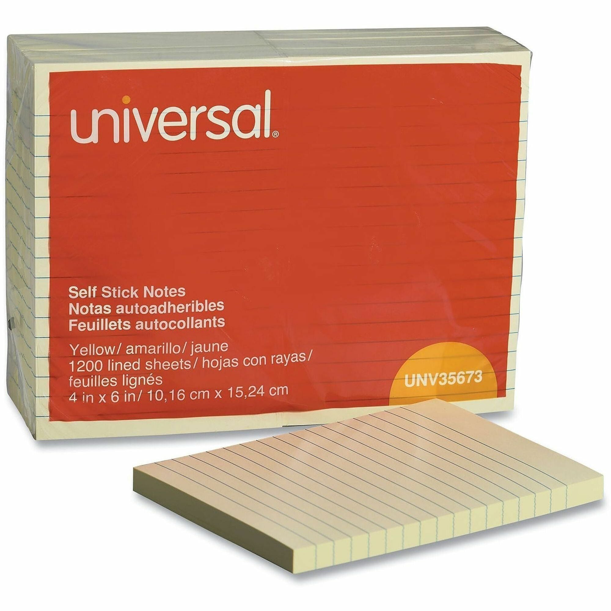 Universal Standard Self-Stick Pads - 1200 x Yellow - 4" Flag/Note Width x 6" Flag/Note Length - Rectangle - 100 Sheets per Pad - Ruled - Yellow - Self-stick, Residue-free - 12 Pads/Pack - 1 Pack