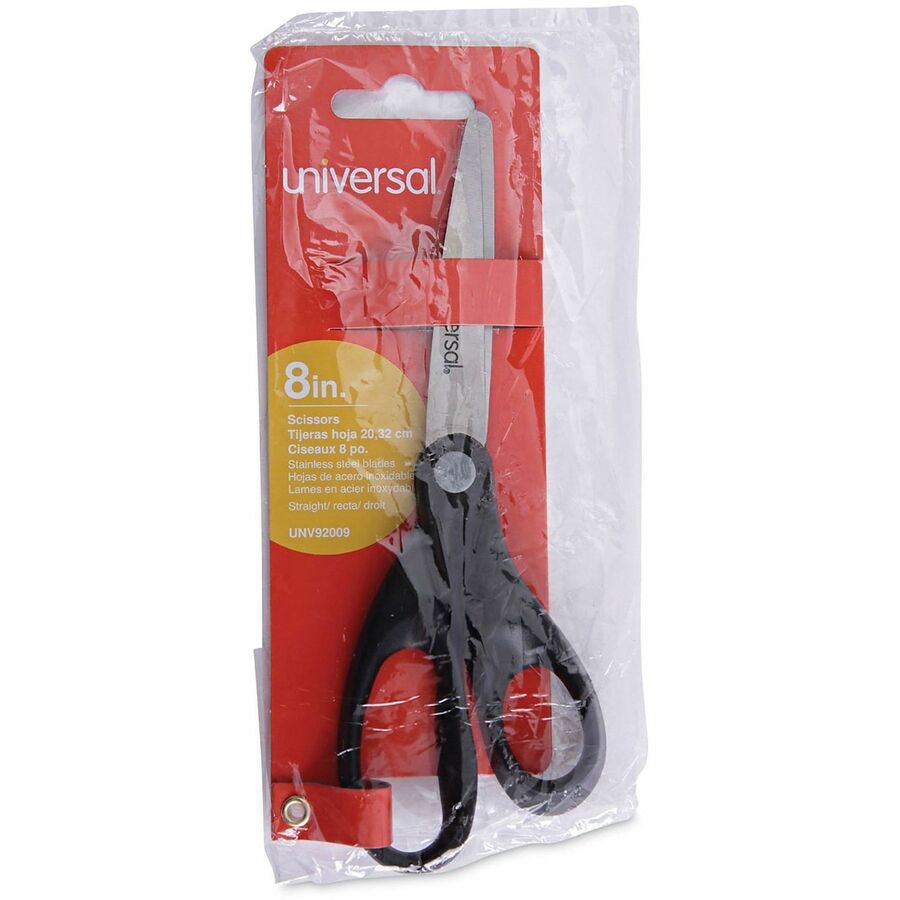 Universal Scissors - 3.75" Cutting Length - 8" Overall Length - Straight-left/right - Stainless Steel - Pointed Tip - Stainless Steel, Black - 1 Each