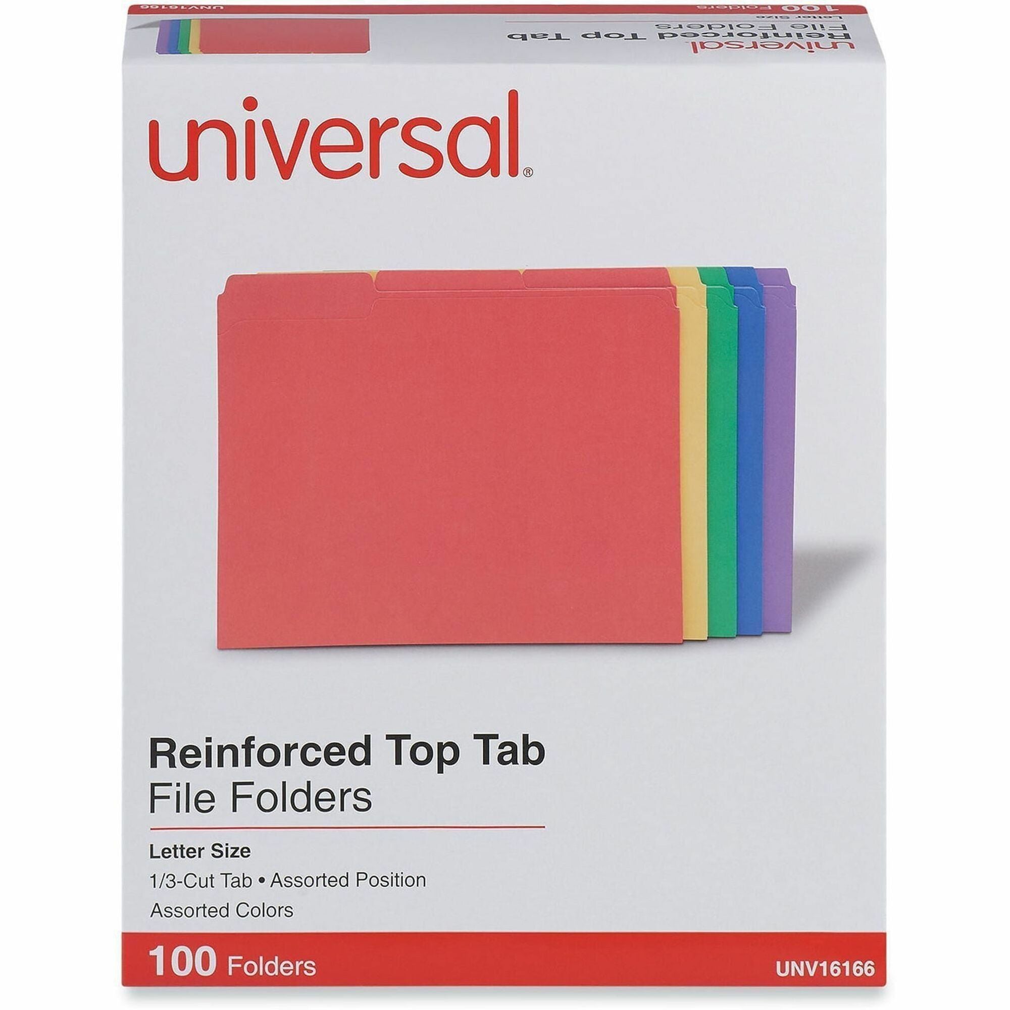 Universal 1/3 Tab Cut Letter Top Tab File Folder - 1" Expansion - Assorted Tab Position - 11 pt. - Stock - Assorted - 100 / Box