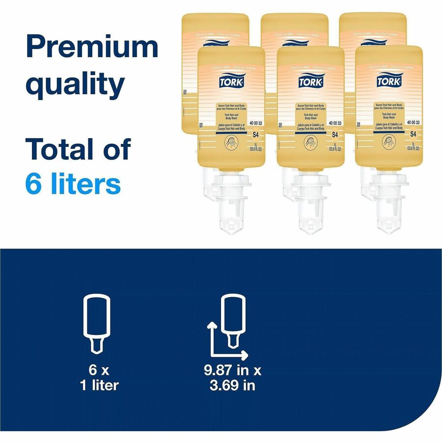 TORK Hair and Body Wash S4, Clean Scent, 6 x 1L - Clean Scent - 33.8 fl oz (1000 mL) - Bottle Dispenser - Hair, Body, Hotel, Spa, Skin, School - White - Moisturizing - Hygienic, Refillable, Perfumed - 6 / Case