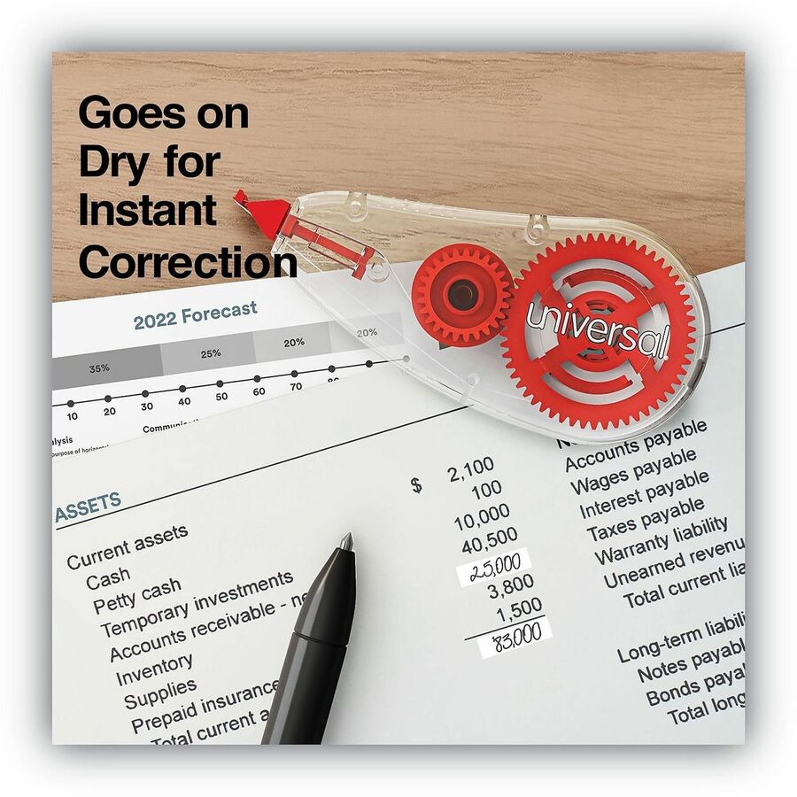 Universal Correction Tape - 0.20" Tape Width x 26.25 ft Tape Length - 1 Line(s) - White Tape - Clear, Red Dispenser - Non-refillable, Easy to Use, Comfortable - Plastic, Film - 6 / Box