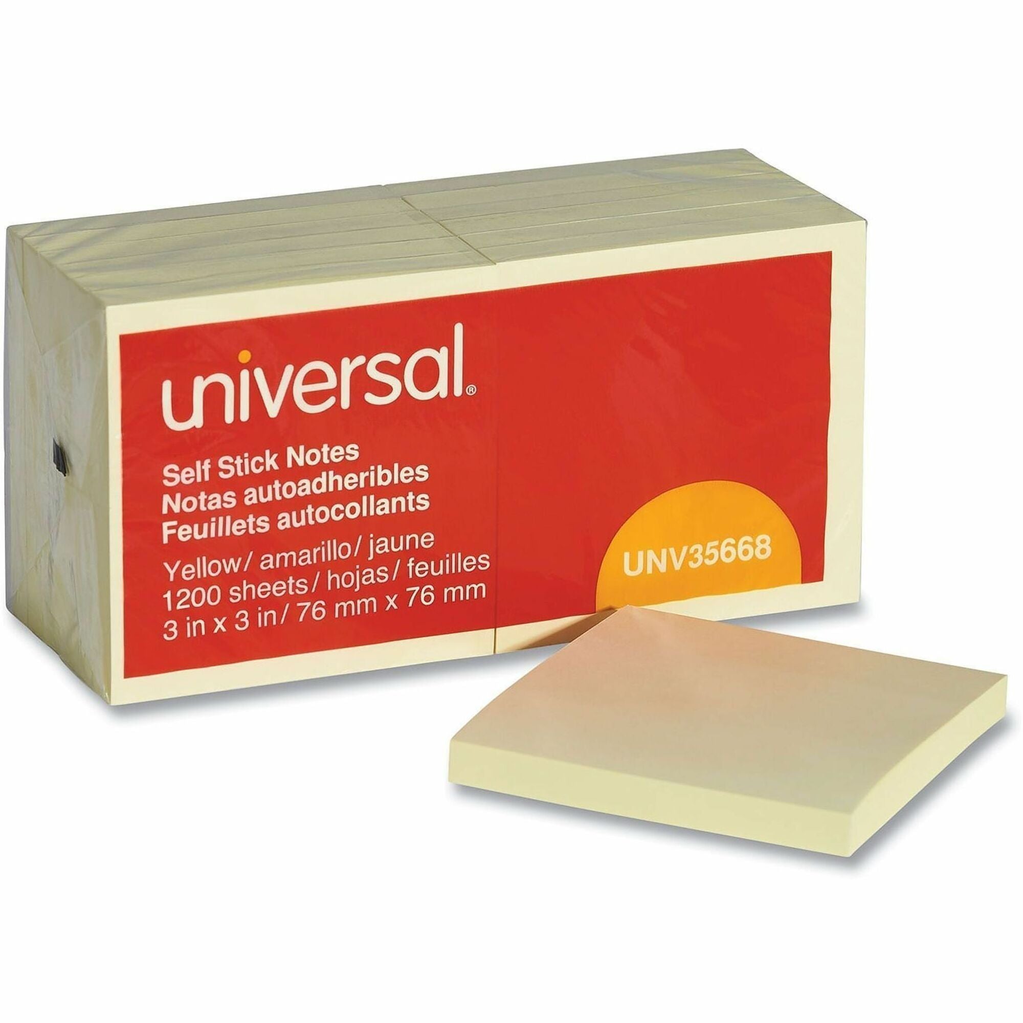 Universal Standard Self-Stick Pads - 1200 x Yellow - 3" Flag/Note Width x 3" Flag/Note Length - Square - 100 Sheets per Pad - Unruled - Yellow - Self-stick, Residue-free - 12 Pads/Pack - 1 Pack