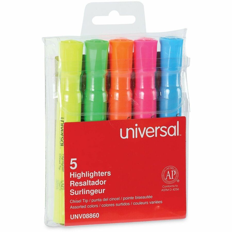 Universal Highlighter - Chisel, Broad, Narrow Marker Point - Fluorescent Blue, Fluorescent Green, Fluorescent Pink, Fluorescent Orange, Fluorescent Yellow Ink - Blue Round, Green, Orange, Pink, Yellow Barrel - 5 / Set