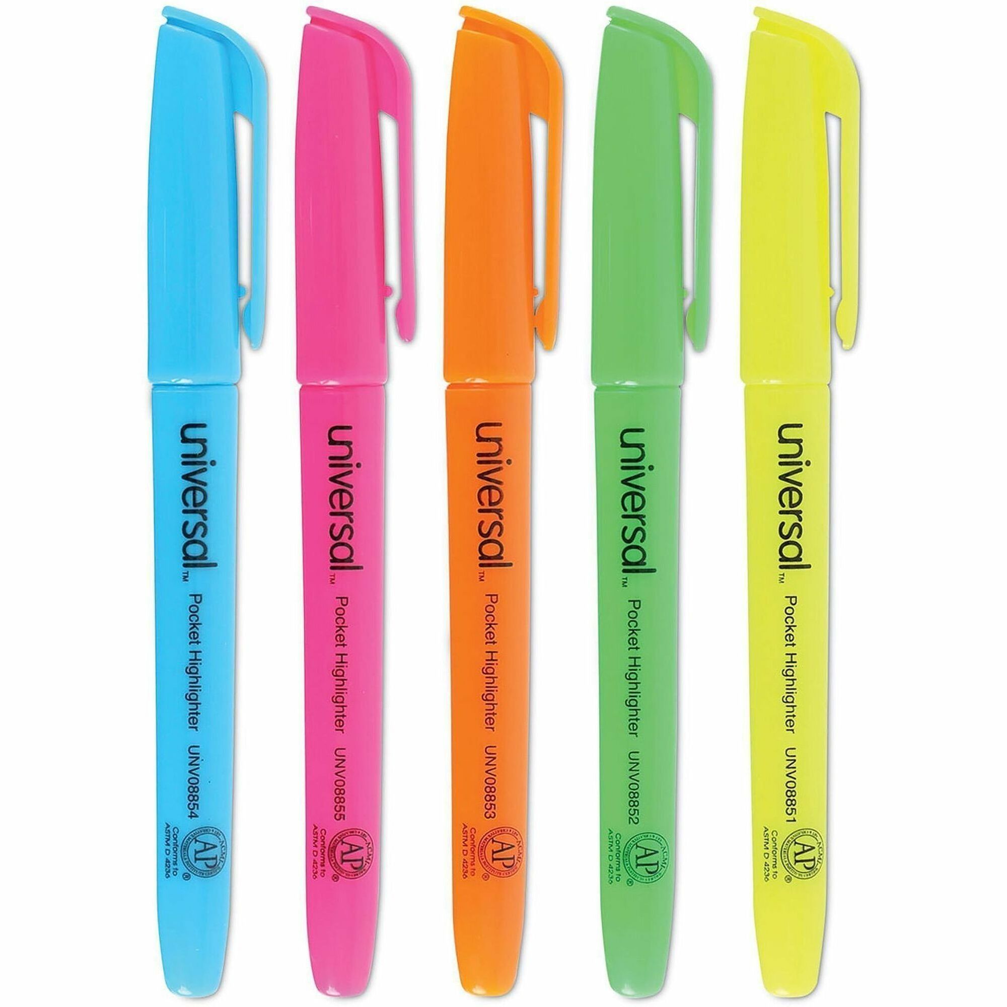 Universal Highlighter - Chisel, Broad, Narrow Marker Point - Fluorescent Blue, Fluorescent Green, Fluorescent Orange, Fluorescent Pink, Fluorescent Yellow Ink - Blue, Green, Orange, Pink, Yellow Barrel - 5 / Set