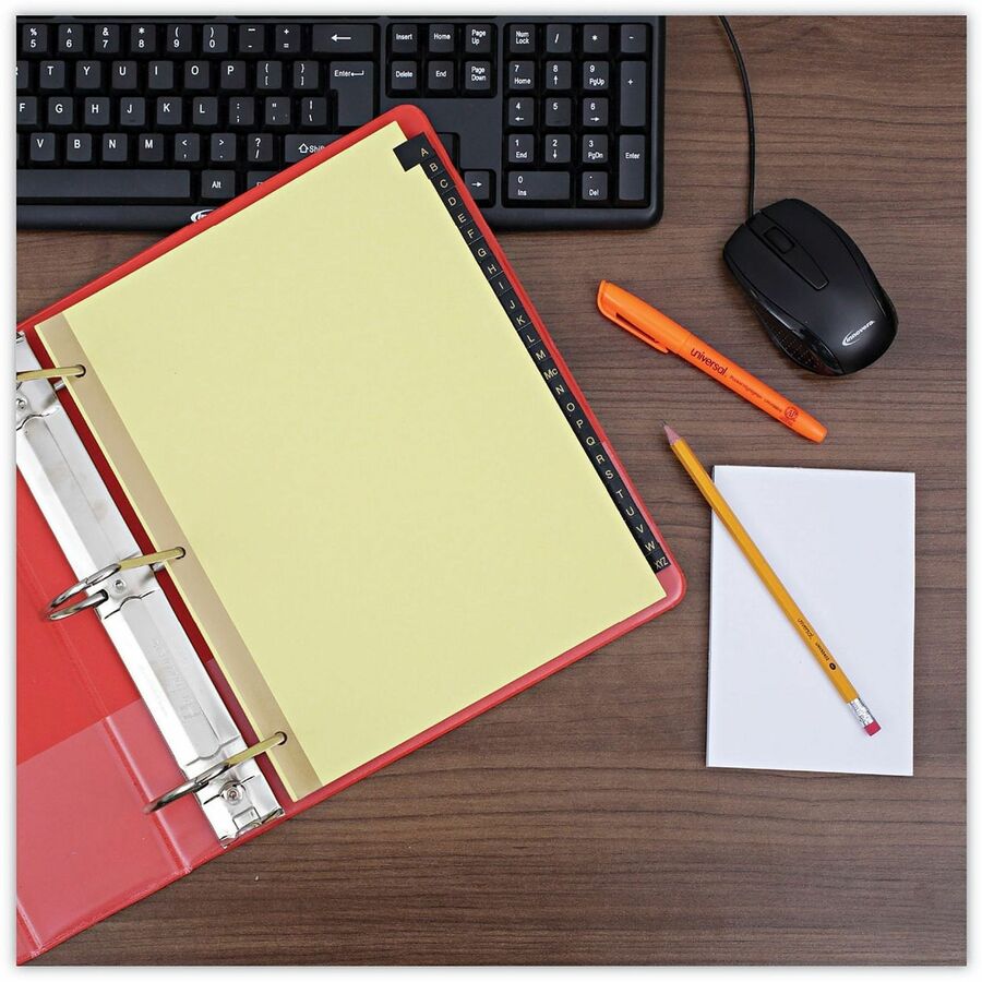 Universal Index Divider - 25 Printed Side Tab(s) - Character - A-Z - 8.5" Divider Width x 11" Divider Length - Letter - 3 Hole Punched - Buff Paper Divider - Black Simulated Leather Tab(s) - Punched, Mylar Reinforced Edge, Single Gold Reinforcement, Pr...