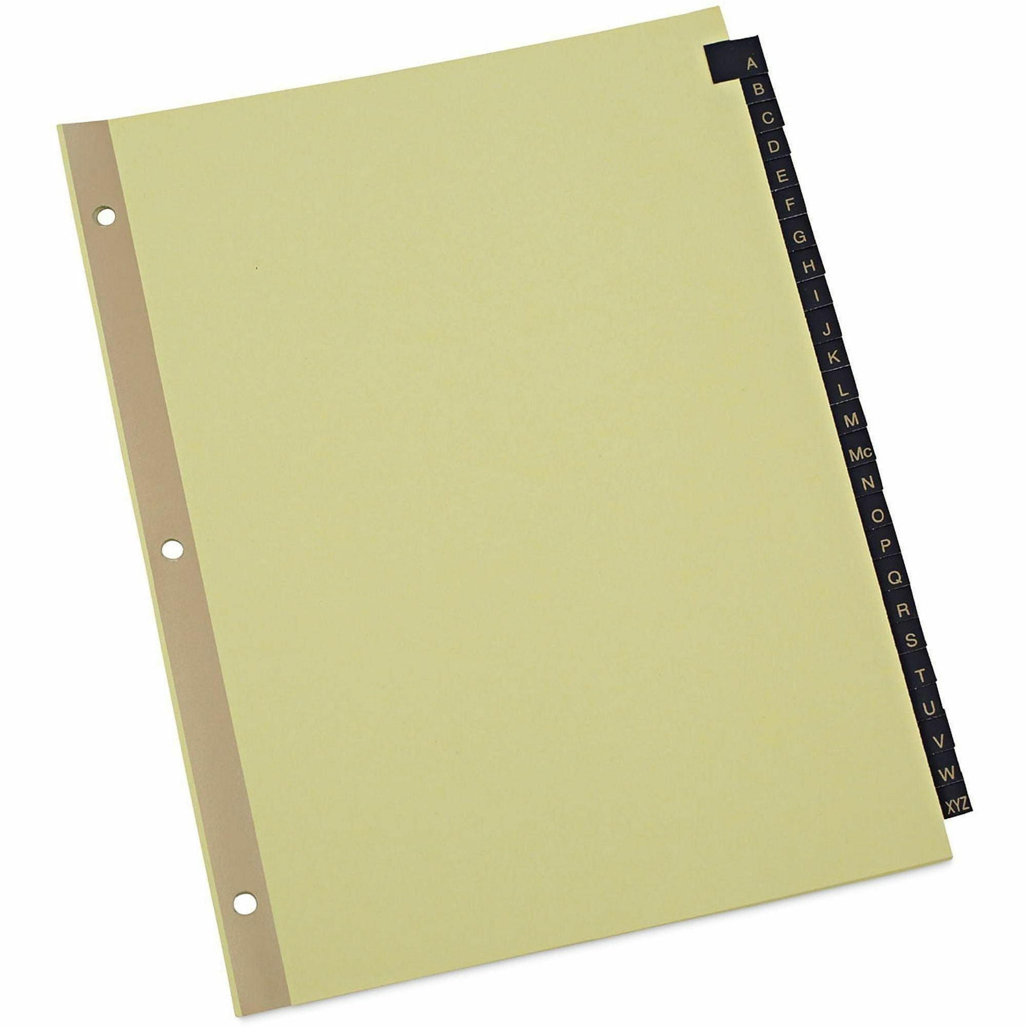 Universal Index Divider - 25 Printed Side Tab(s) - Character - A-Z - 8.5" Divider Width x 11" Divider Length - Letter - 3 Hole Punched - Buff Paper Divider - Black Simulated Leather Tab(s) - Punched, Mylar Reinforced Edge, Single Gold Reinforcement, Pr...