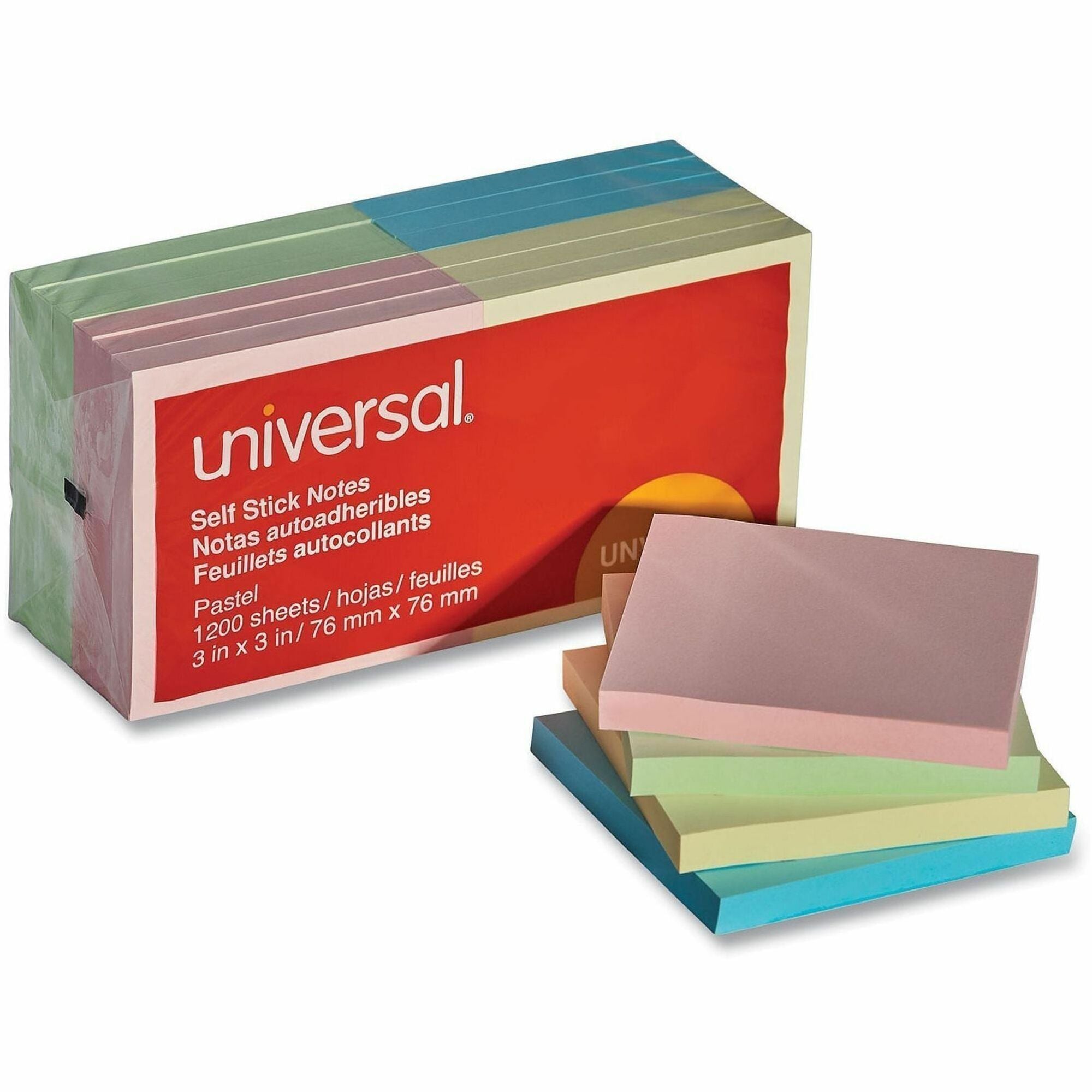 Universal Standard Self-Stick Pads - 1200 x Assorted Pastel - 3" Flag/Note Width x 3" Flag/Note Length - Square - 100 Sheets per Pad - Unruled - Assorted Pastel - Self-stick, Residue-free, Repositionable - 12 / Pack