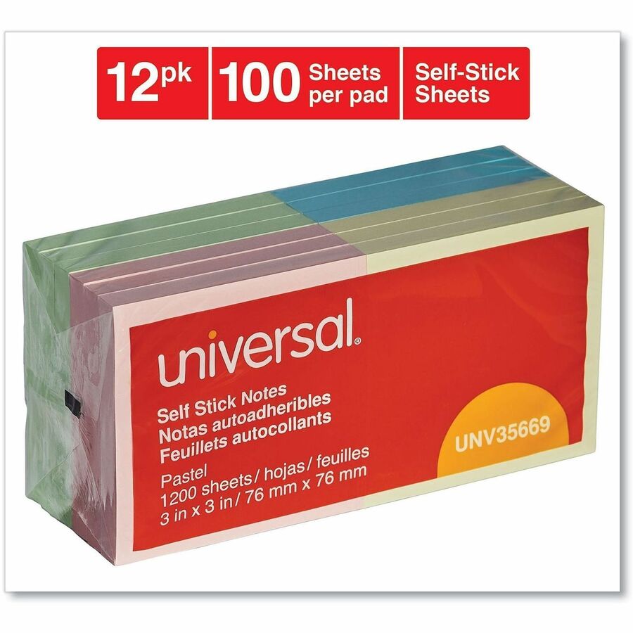 Universal Standard Self-Stick Pads - 1200 x Assorted Pastel - 3" Flag/Note Width x 3" Flag/Note Length - Square - 100 Sheets per Pad - Unruled - Assorted Pastel - Self-stick, Residue-free, Repositionable - 12 / Pack