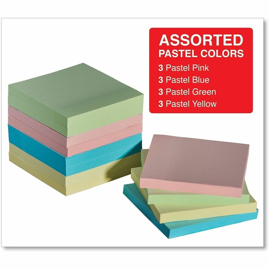 Universal Standard Self-Stick Pads - 1200 x Assorted Pastel - 3" Flag/Note Width x 3" Flag/Note Length - Square - 100 Sheets per Pad - Unruled - Assorted Pastel - Self-stick, Residue-free, Repositionable - 12 / Pack
