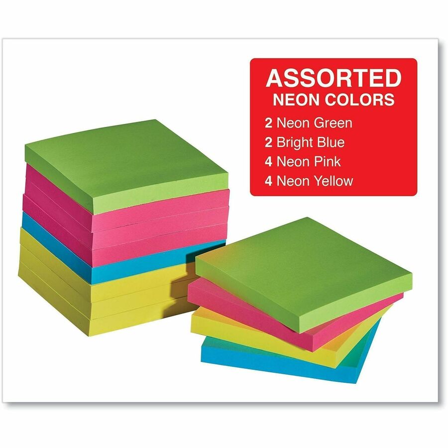 Universal Standard Self-Stick Pads - 1200 x Neon Assorted - 3" Flag/Note Width x 3" Flag/Note Length - Square - 100 Sheets per Pad - Unruled - Neon Pink, Neon Yellow, Electric Blue, Neon Green - Self-stick, Residue-free - 12 Pads/Pack - 1 Pack