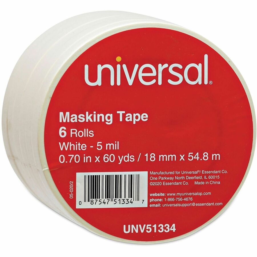 Universal Removable General-Purpose Masking Tape, 3" Core, 18 mm x 54.8 m, Beige, 6/Pack - 59.93 yd Length x 0.71" Width x 5.5 mil Thickness - 3" Core - Beige - Natural Rubber - Crepe Paper Backing - 6 / Pack