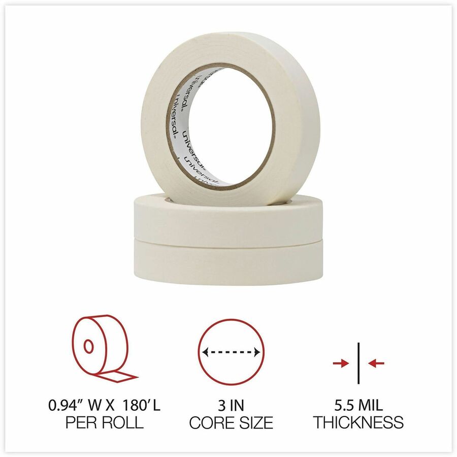 Universal General-Purpose Masking Tape, 3" Core, 24 mm x 54.8 m, Beige, 3/Pack - 59.93 yd Length x 0.94" Width x 5.5 mil Thickness - 3" Core - Beige - Natural Rubber - Crepe Paper Backing - 3 / Pack