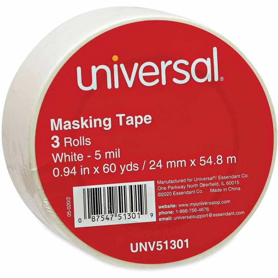 Universal General-Purpose Masking Tape, 3" Core, 24 mm x 54.8 m, Beige, 3/Pack - 59.93 yd Length x 0.94" Width x 5.5 mil Thickness - 3" Core - Beige - Natural Rubber - Crepe Paper Backing - 3 / Pack