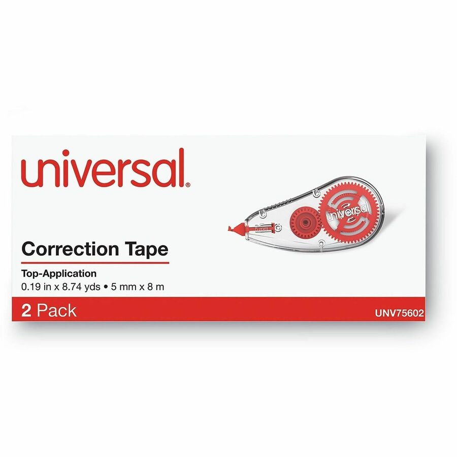 Universal Correction Tape - 0.20" Tape Width x 26.25 ft Tape Length - 1 Line(s) - White Tape - Clear, Red Dispenser - Easy to Use, Comfortable, Non-refillable - Plastic, Film - 2 / Pack