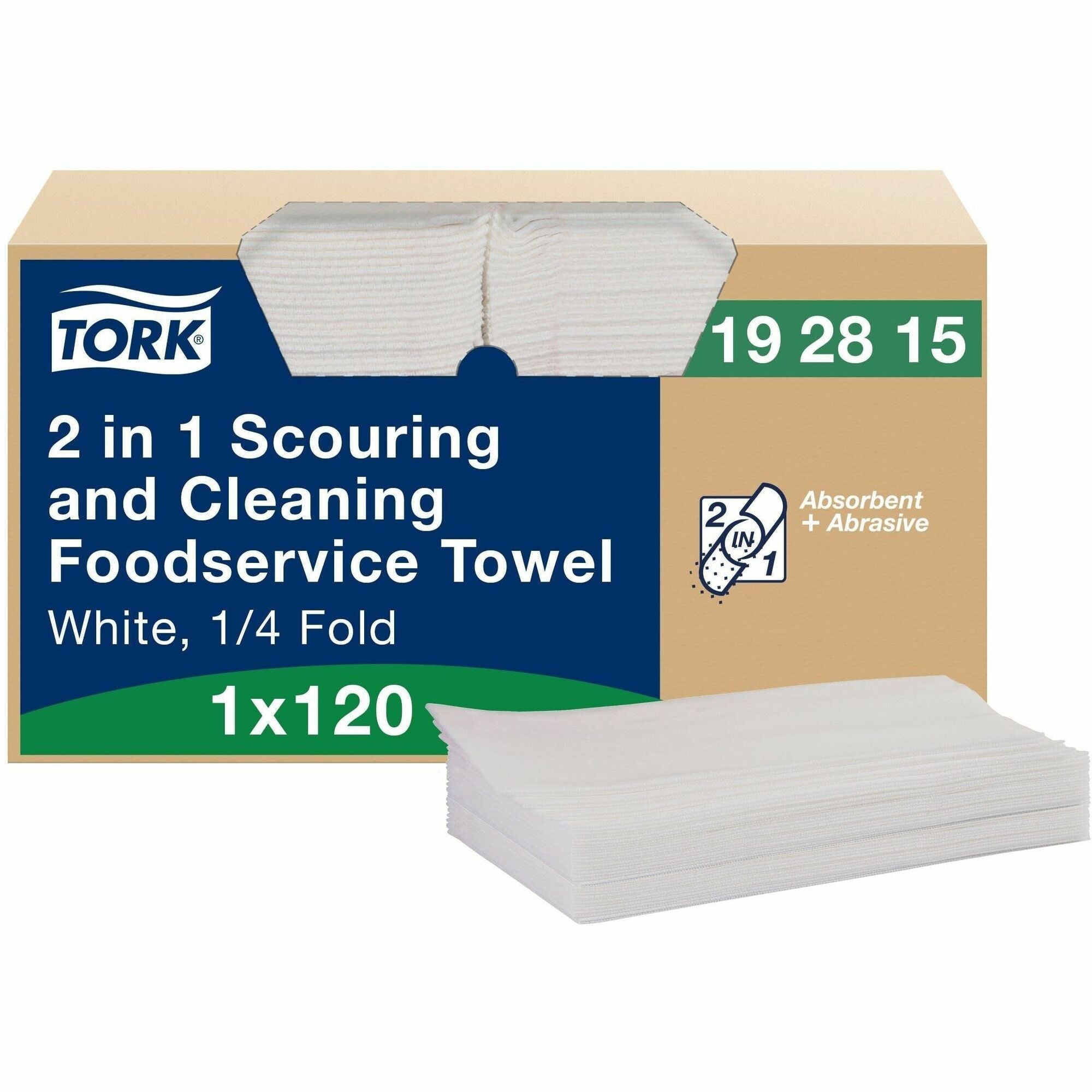 TORK 2 in 1 Scouring and Cleaning Foodservice Towel White, Absorbent, 1 x 120 Sheets - For Surface, Food Service, Countertop, House - Towel - Non-scratching, Absorbent, Abrasive, Reusable, Soft, Flexible, Easy to Use, Durable, Tear Resistant, Quarter-f...