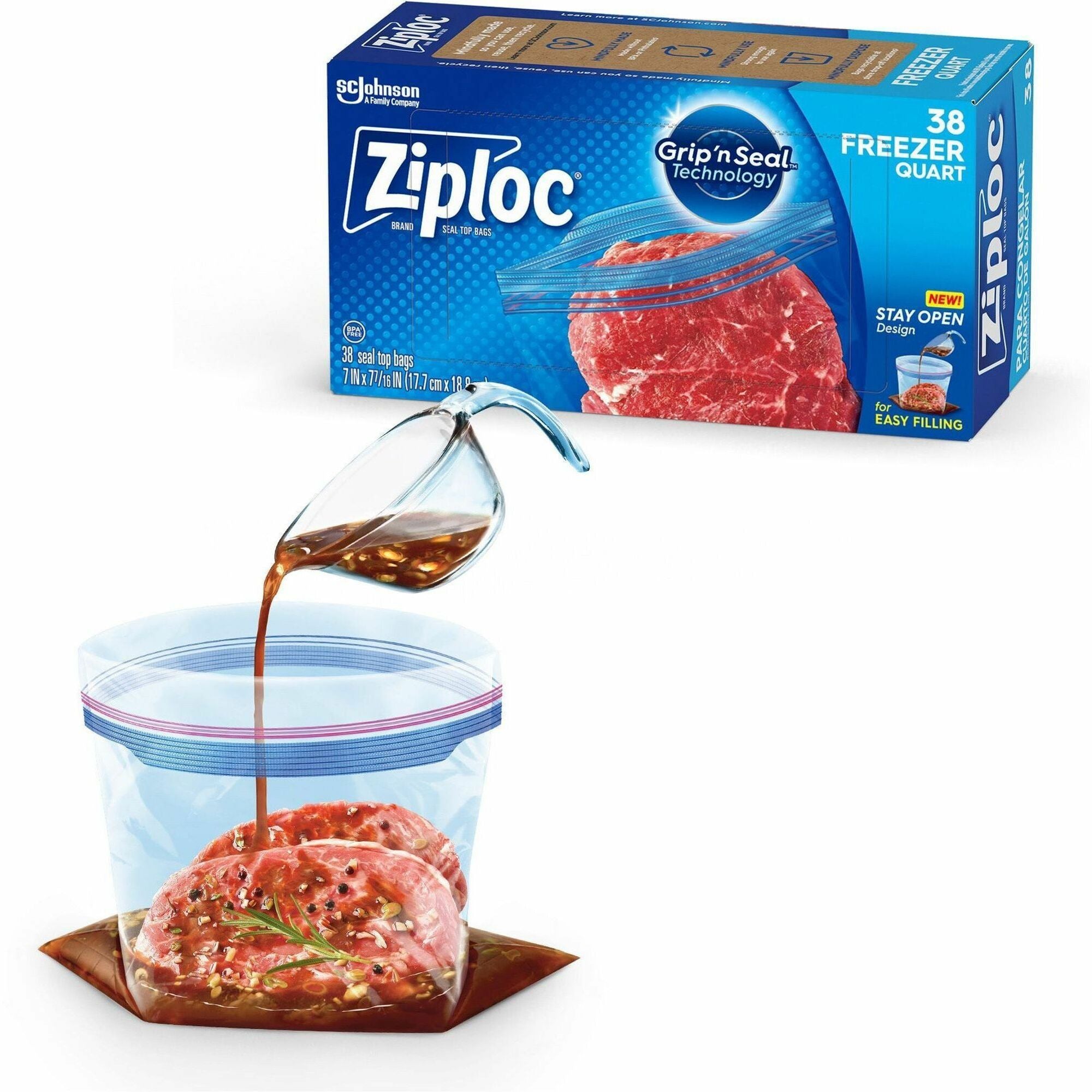Ziploc&reg; Grip n' Seal Freezer Bags - Medium Size - 1 quart Capacity - 7.43" Length x 7" Width - Textured - Blue - Plastic - Multipurpose - 38/Box - 9 / Carton