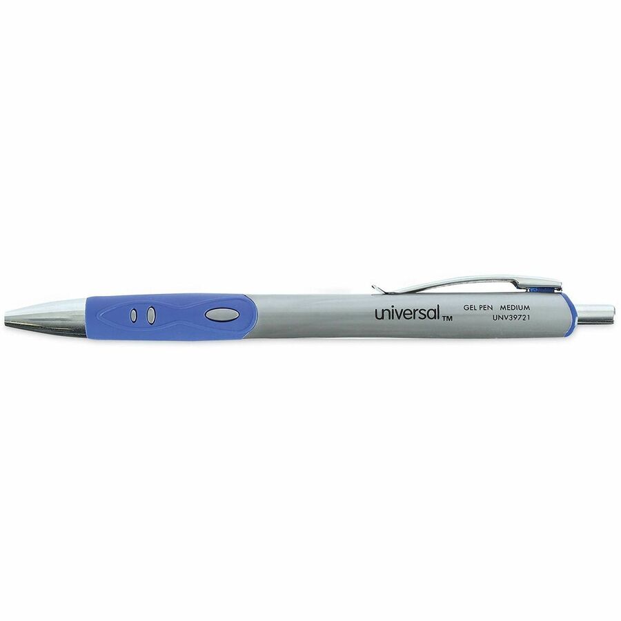 Universal Comfort Grip Gel Pen - 0.7 mm Medium Conical Pen Point - Retractable - Blue Ink - Water Based - Gray, Blue, Silver Barrel - 1 Dozen