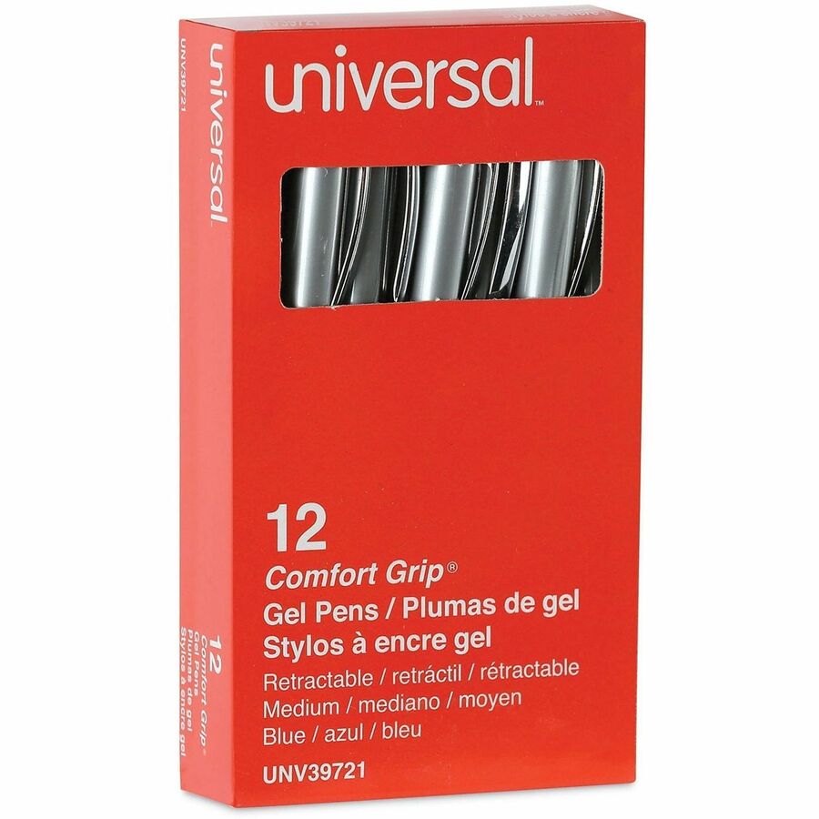 Universal Comfort Grip Gel Pen - 0.7 mm Medium Conical Pen Point - Retractable - Blue Ink - Water Based - Gray, Blue, Silver Barrel - 1 Dozen
